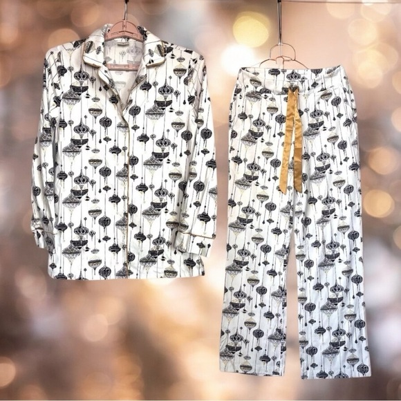 Soma Holiday Ornament PJ Set Sz XS Metallic Gold Trim Button Top & Pull on Pants - Picture 1 of 16